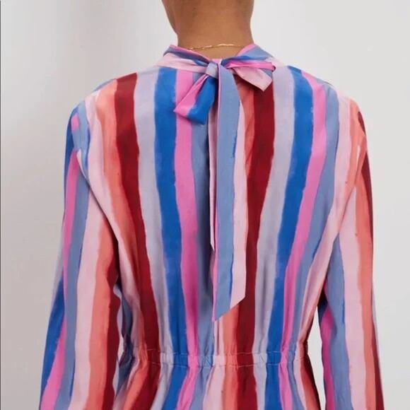 The Kit Multicolor Striped Long Sleeve Bow Back Midi Dress Size Small Silky - Picture 2 of 11